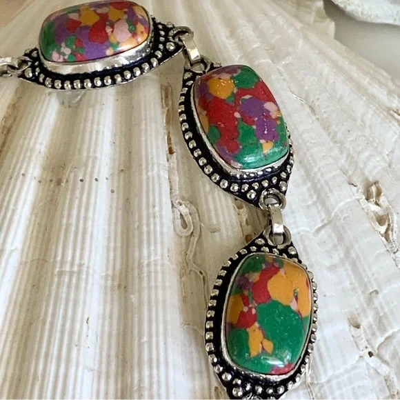 Colorful River Silica Stone Silver Bracelet - Picture 3 of 5